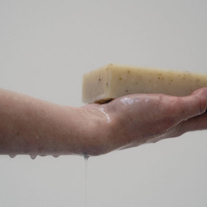 dulcie exfoliating seaweed soap block held in a wet hand, featuring natural ingredients and a gentle texture.
