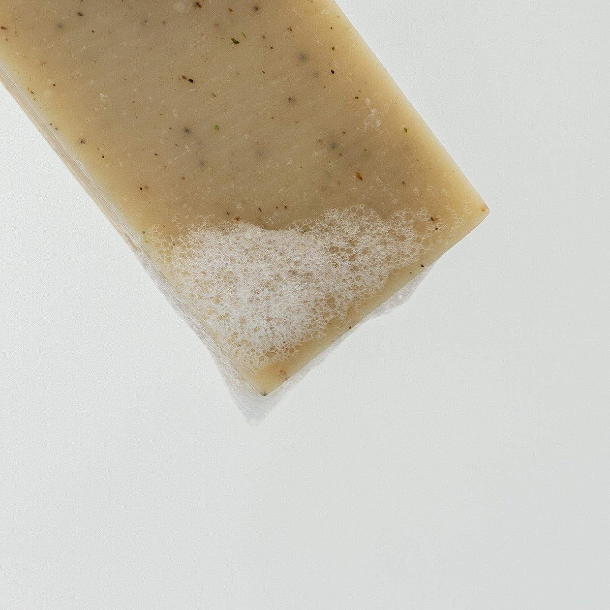 dulcie exfoliating seaweed block soap with visible botanical flecks and white lather on a clean white background