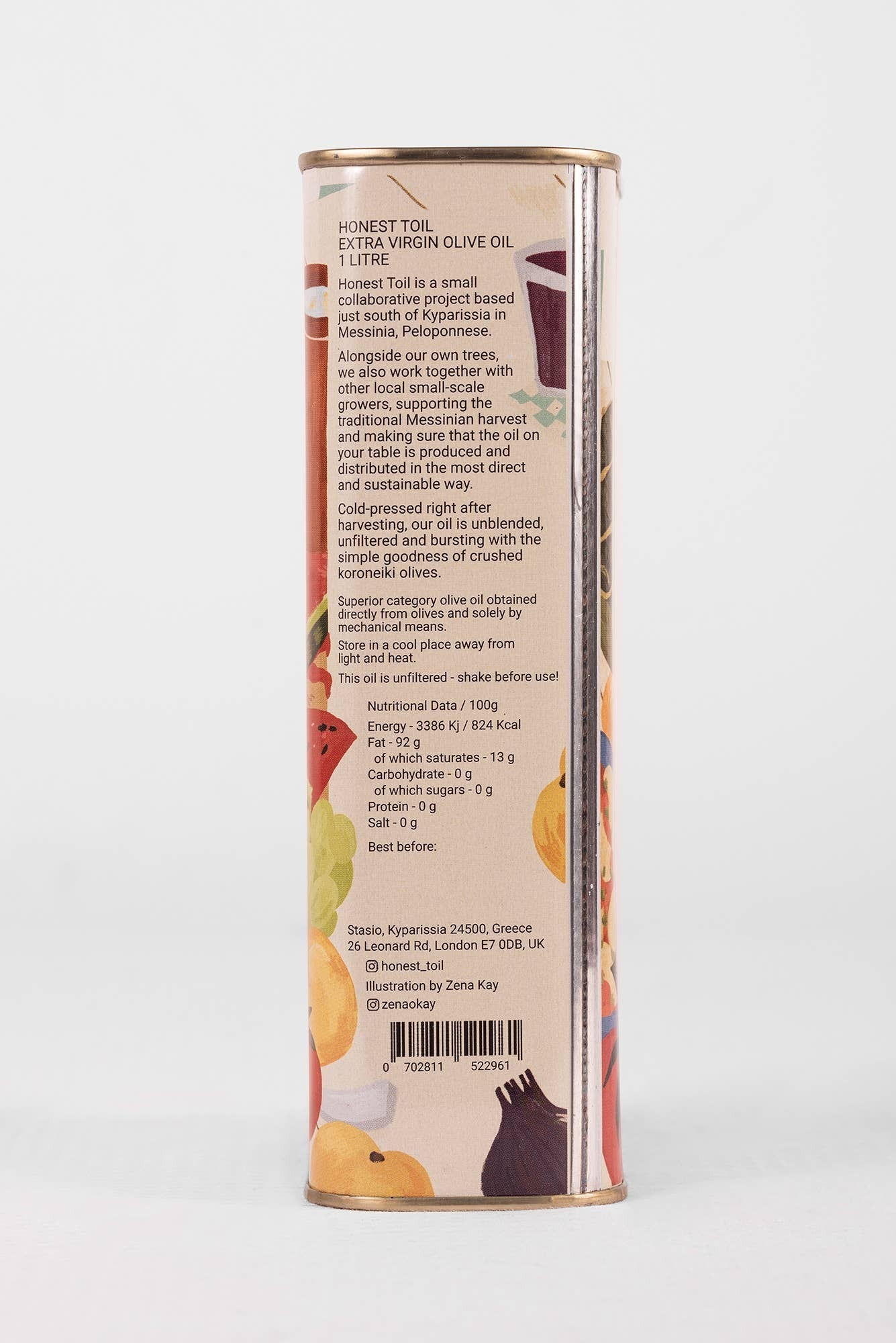 Honest Toil UK 1L extra virgin olive oil can featuring colourful Zena Kay artwork and detailed product information