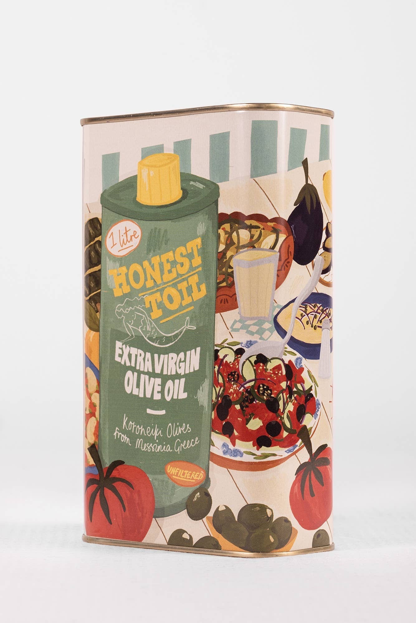 Honest Toil UK 1L can of unfiltered extra virgin olive oil featuring colourful illustrated Greek food artwork by Zena Kay.