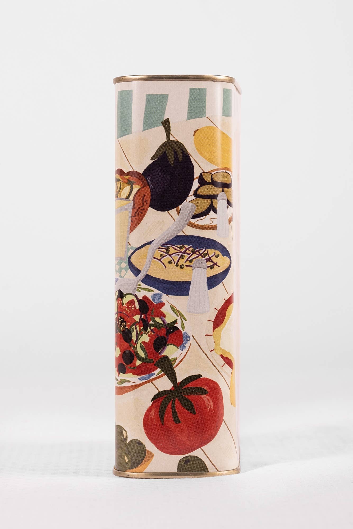 Honest Toil UK 1L extra virgin olive oil in a cylindrical can featuring colorful illustrated Greek food artwork by Zena Kay.