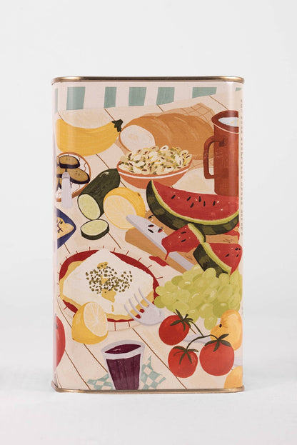 Honest Toil UK extra virgin olive oil in a 1L illustrated tin featuring colorful artwork of Greek food and fresh ingredients.