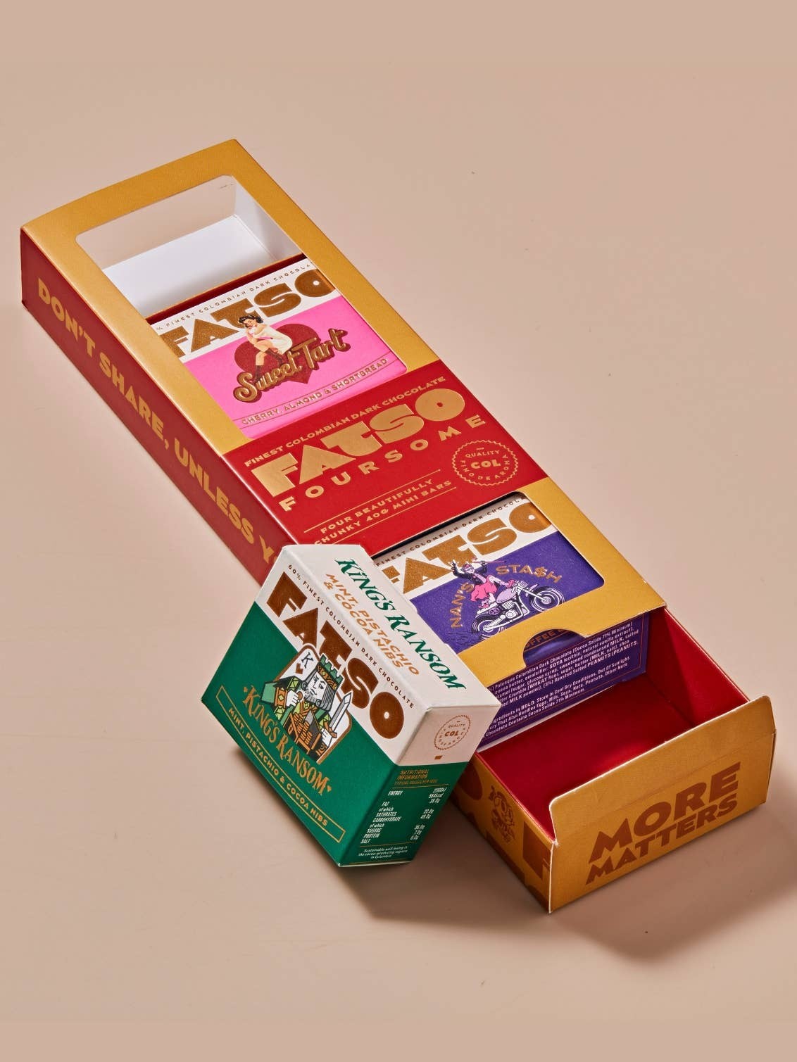 Fatso Foursome gift box containing four assorted dark chocolate bars with colourful retro-style packaging