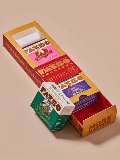 Fatso Foursome gift box containing four assorted dark chocolate bars with colourful retro-style packaging