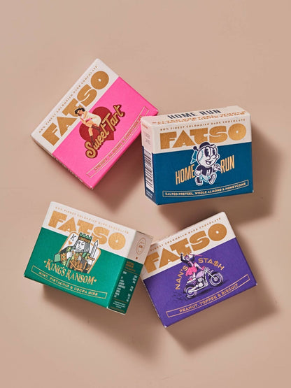 Fatso Foursome Gift Box featuring four colourful chocolate bars with unique illustrations and flavour profiles.