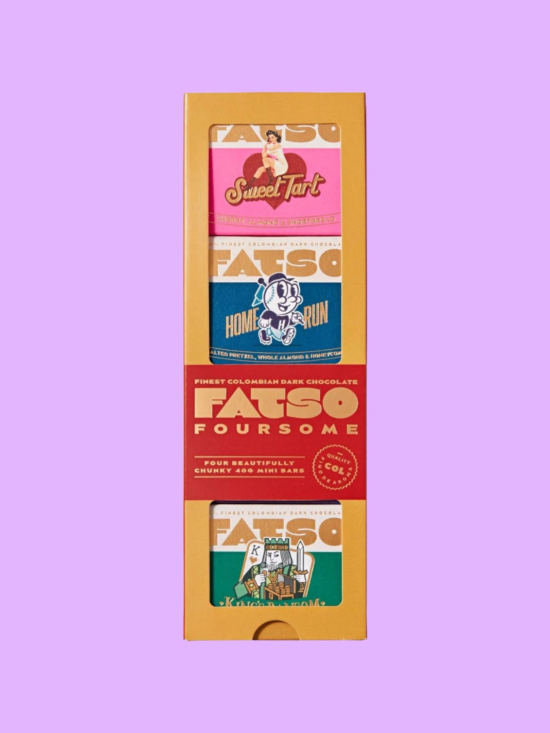 Fatso Foursome Gift Box featuring four assorted chunky dark chocolate bars with colourful vintage-style packaging.