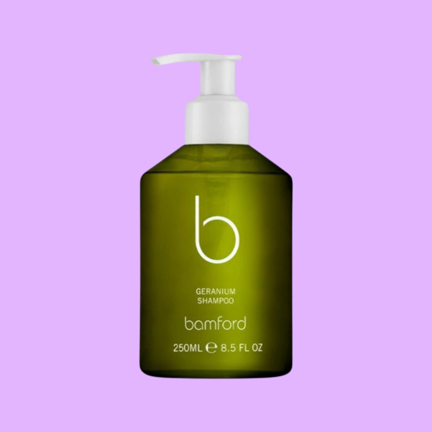 Bamford Geranium Shampoo in a green 250ml bottle with a white pump dispenser, featuring organic plant-based ingredients.
