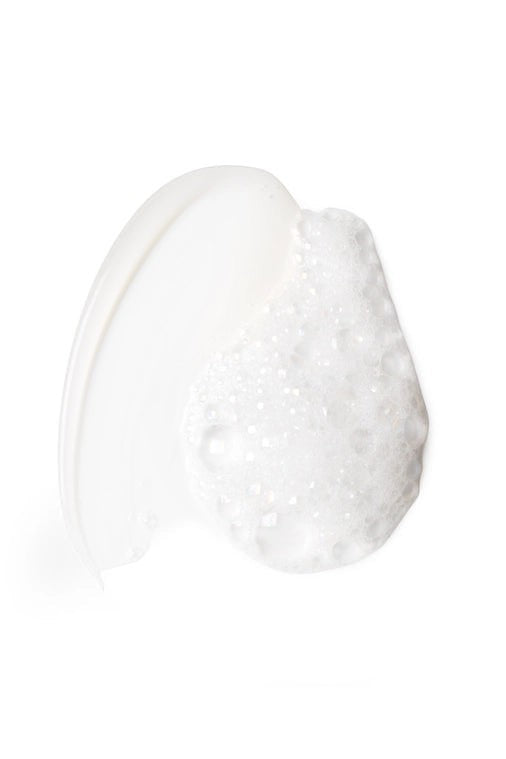 Bamford Geranium Shampoo texture showing a creamy white lather with bubbles on a clean white background.