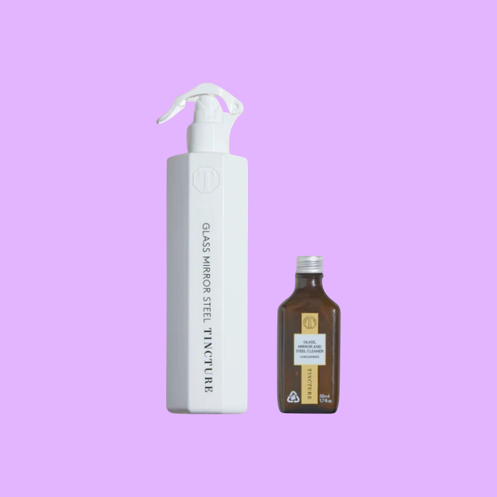 Tincture London Glass Mirror Steel Cleaner Refill Bundle with a white reusable spray bottle and a concentrated refill vial.