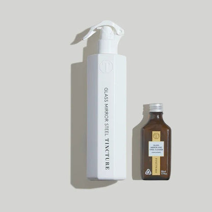 Tincture London glass, mirror, and steel cleaner refill bundle with white spray bottle and concentrate vial.
