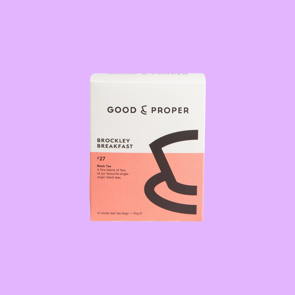 Good & Proper Tea Brockley Breakfast black tea bags in a white and pink recyclable cardboard box.