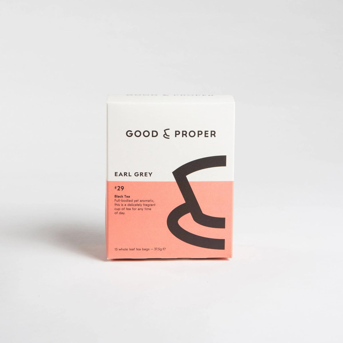 Good & Proper Tea Good & Proper Earl Grey black tea bag box in white and peach packaging with minimalist branding