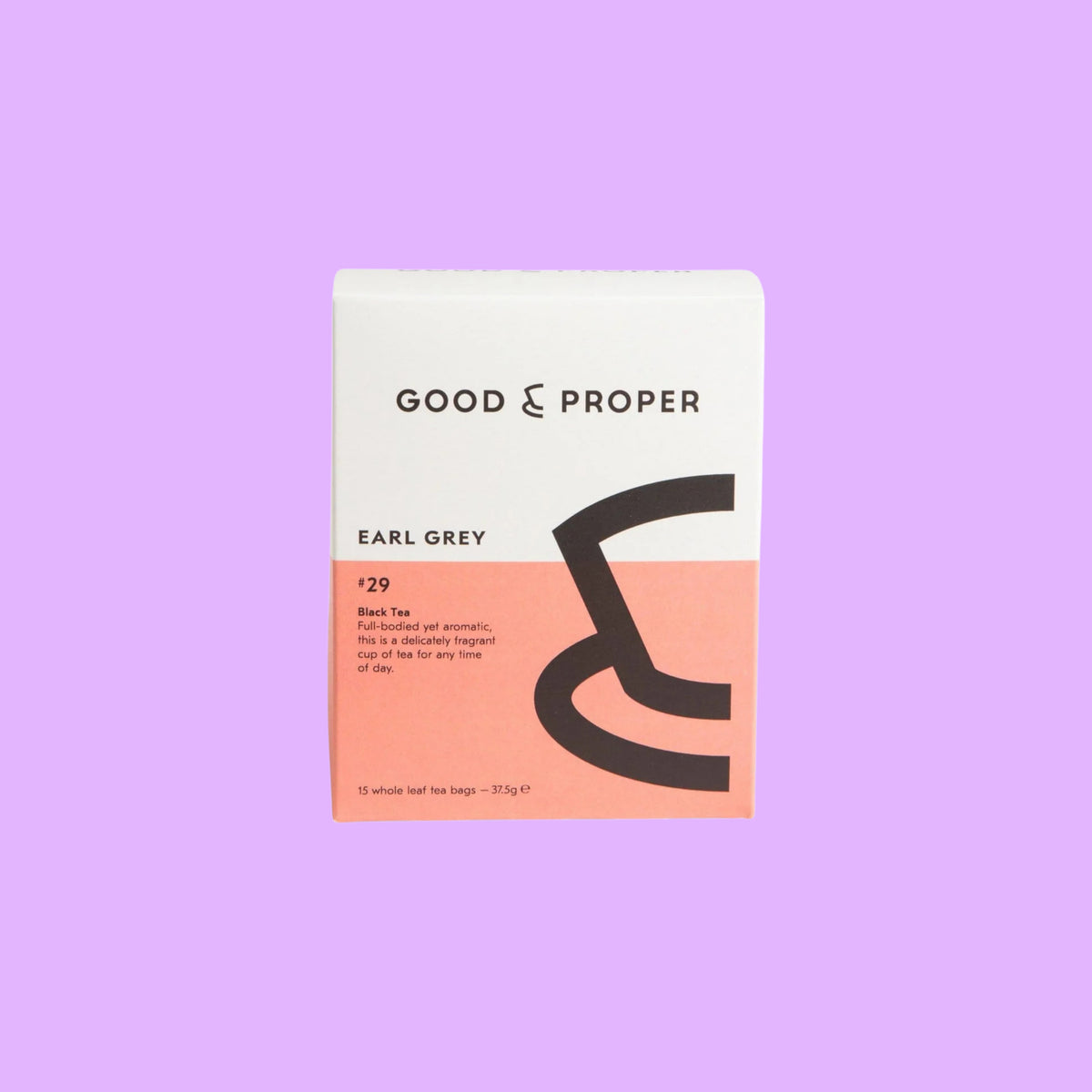 Good & Proper Tea Good & Proper Earl Grey black tea bag box with white and peach packaging design