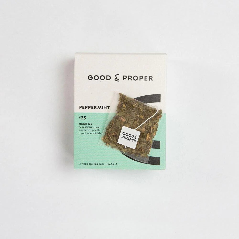 Good & Proper Tea Good & Proper Peppermint herbal tea box with a single compostable whole leaf tea bag on a white background.