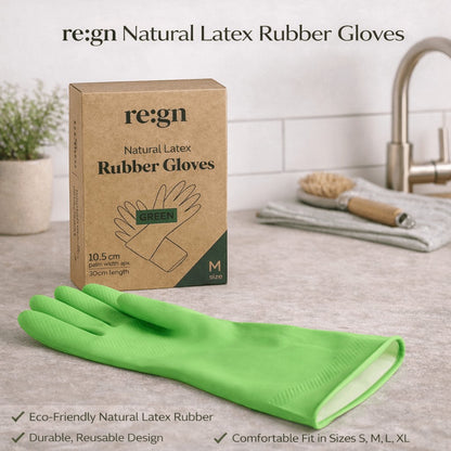 Re:gn green biodegradable natural latex rubber gloves for cleaning with product packaging on a kitchen counter