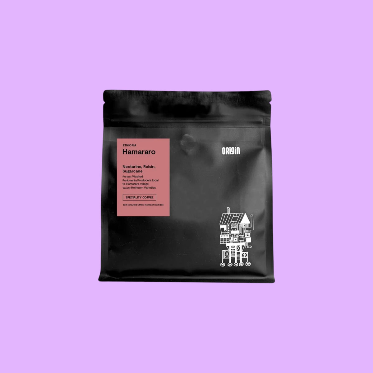 Origin Coffee Hamararo Ethiopian whole bean coffee in a black 250g bag with a pink label featuring tasting notes, ethiopian beans.