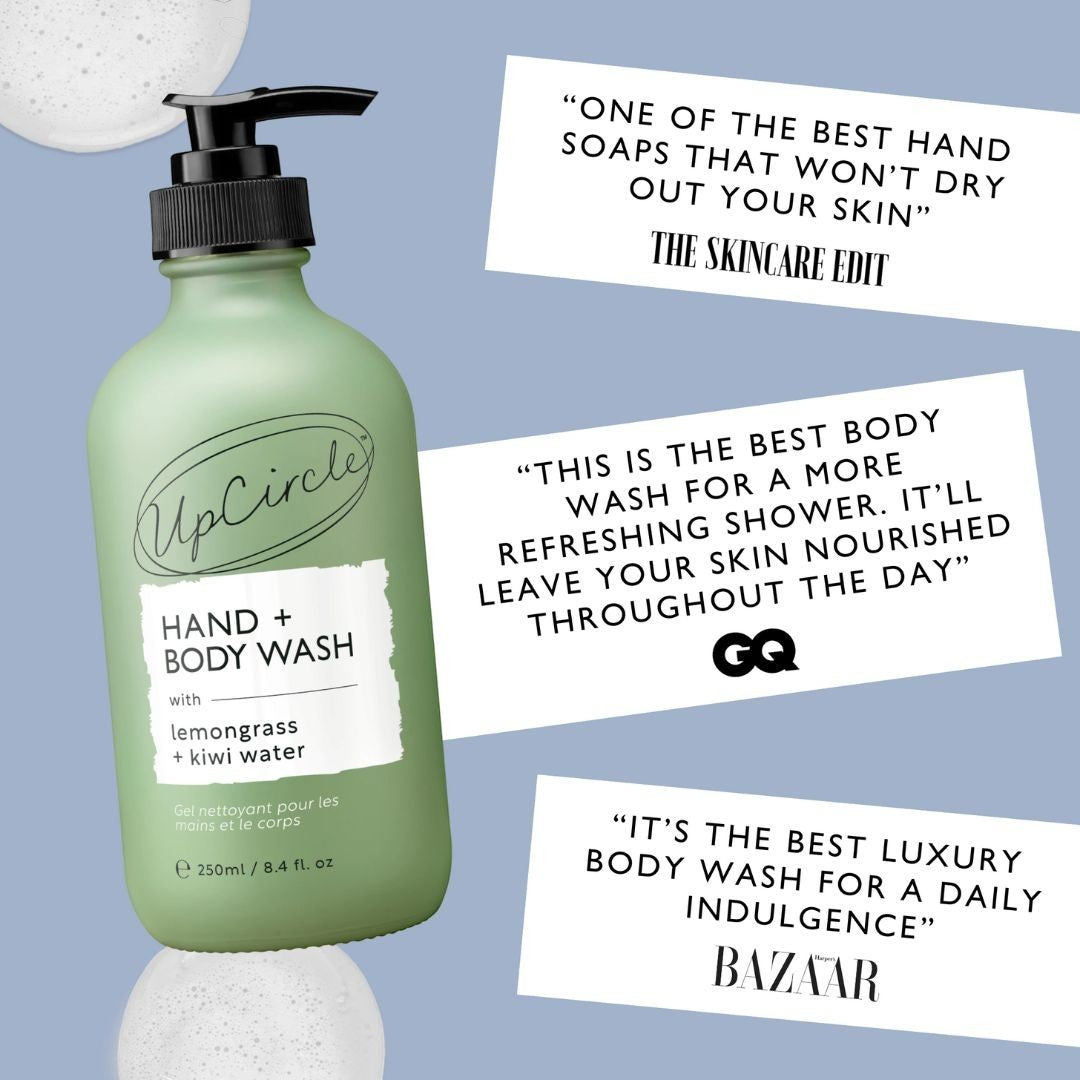 UpCircle hand and body wash in a frosted green glass bottle with a pump, featuring lemongrass and kiwi fruit water.