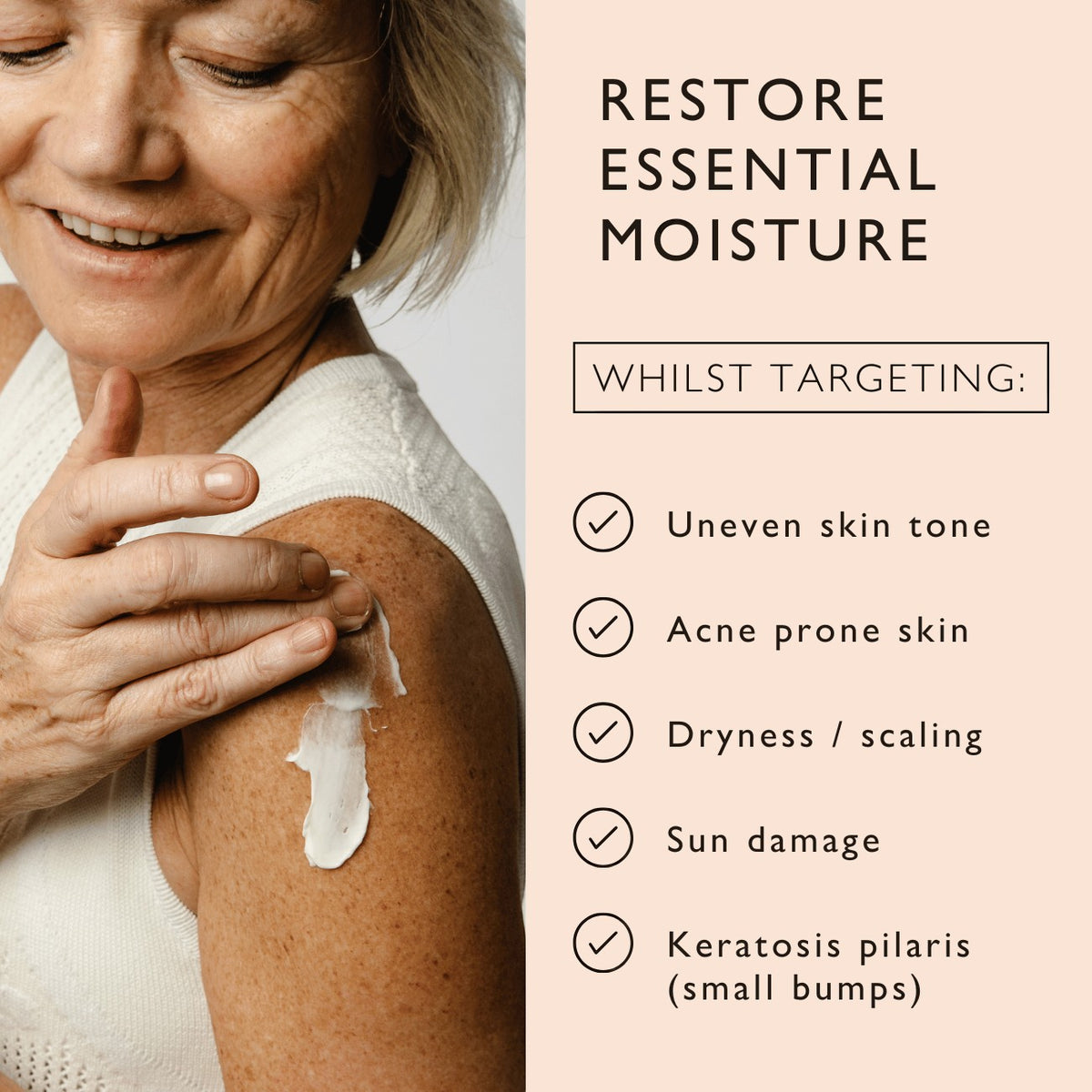 UpCircle hand and body lotion applied to a woman's shoulder, highlighting skin benefits like moisture and tone repair.