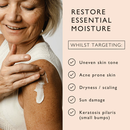 UpCircle hand and body lotion applied to a woman's shoulder, highlighting skin benefits like moisture and tone repair.