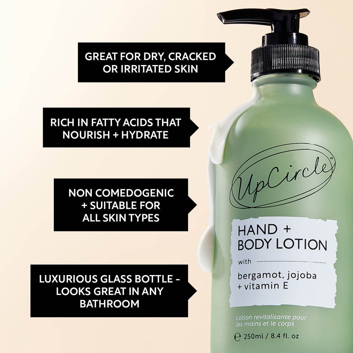 UpCircle Hand and Body Lotion in a frosted green glass bottle with a pump dispenser, featuring bergamot and vitamin E.