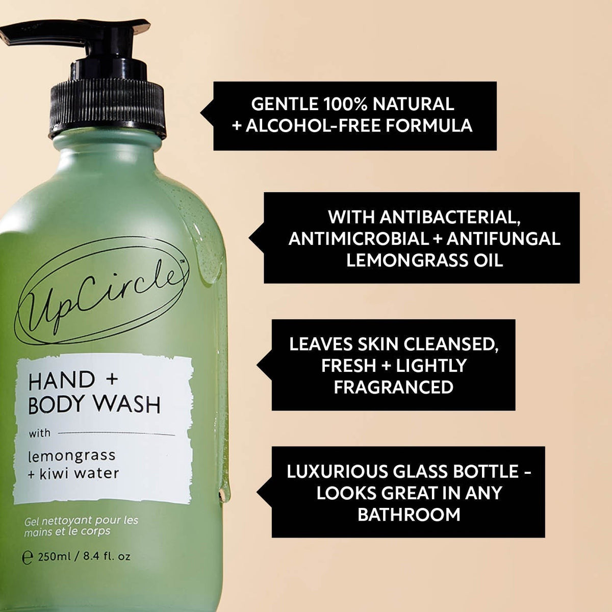 UpCircle Hand and Body Wash in a frosted green glass bottle with pump, featuring lemongrass and kiwi fruit water.