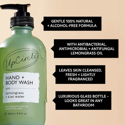 UpCircle Hand and Body Wash in a frosted green glass bottle with pump, featuring lemongrass and kiwi fruit water.