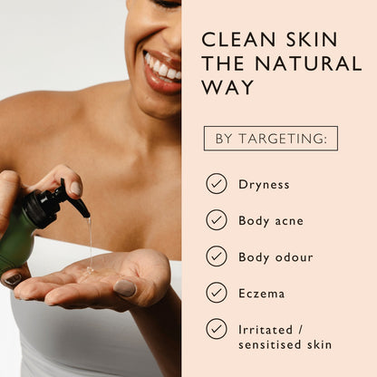 UpCircle Hand & Body Wash gel being dispensed from a frosted green glass bottle into a woman's hand.