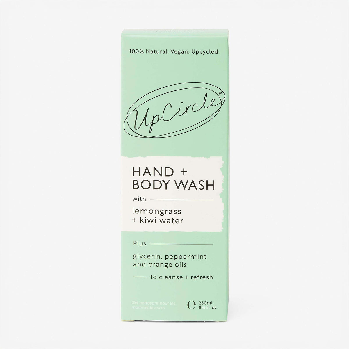 UpCircle Hand and Body Wash in a light green box with lemongrass and kiwi water, 100% natural and vegan formula.