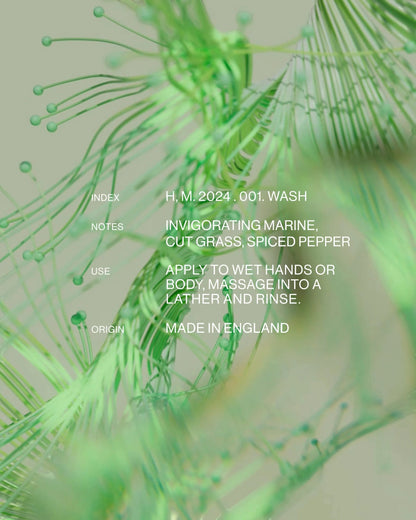 Hotel Mike Hand & Body Wash product label featuring abstract green kelp-inspired graphics and scent notes on a soft background