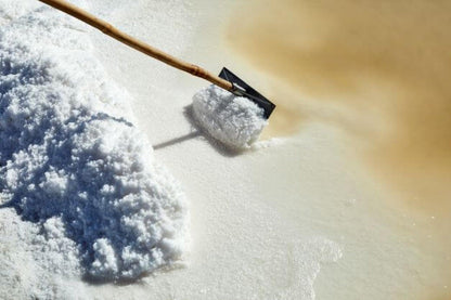 Steenbergs hand-harvested sea salt flakes being collected with a wooden tool from a traditional salt pan in Portugal