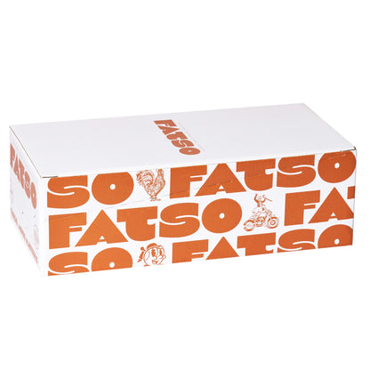 Fatso Home Run dark chocolate bar in white and orange branded cardboard packaging with playful graphic illustrations.