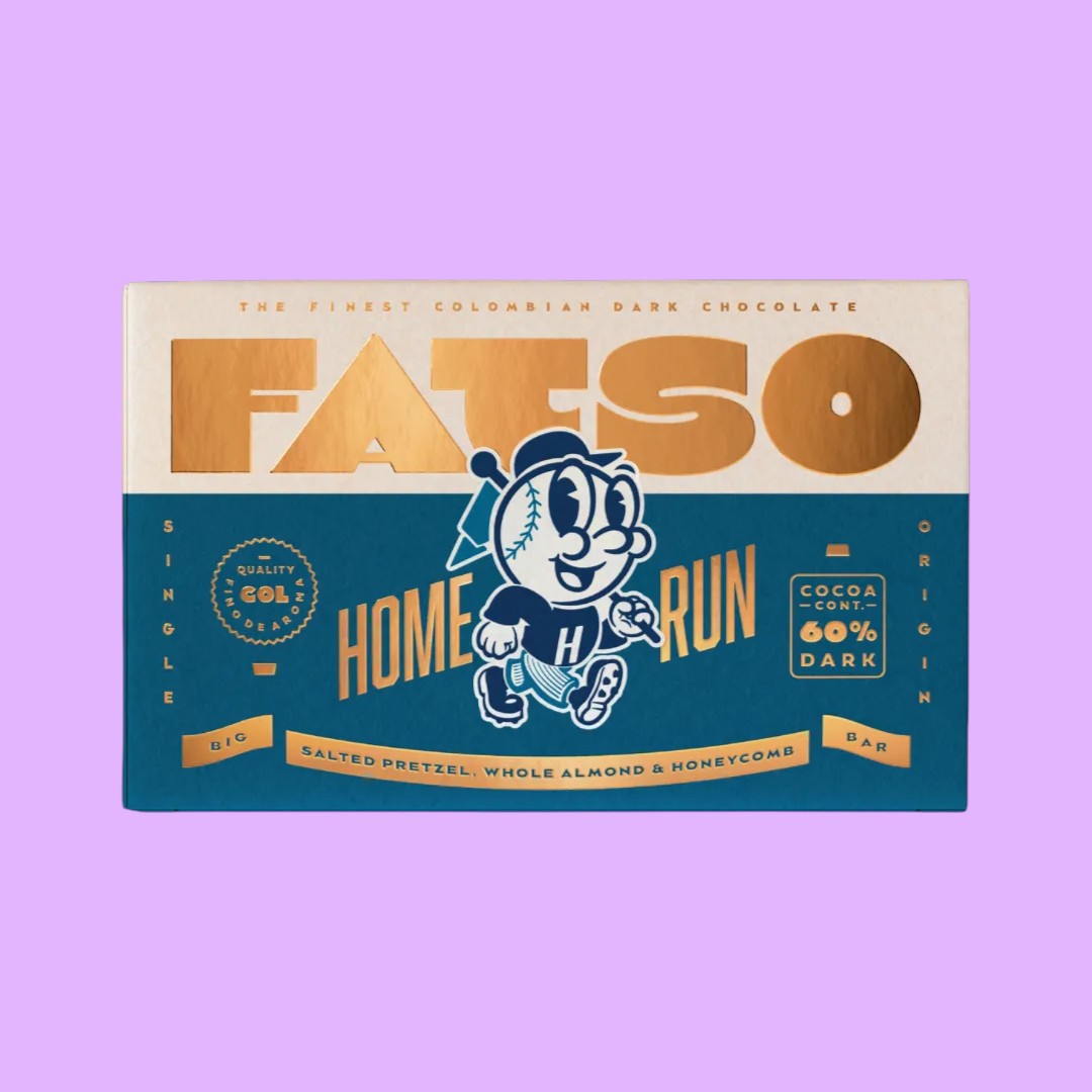 Fatso Home Run 60% dark chocolate bar with salted pretzel, whole almond, and honeycomb inclusions in vintage packaging, shown from a different angle.