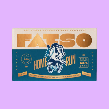 Fatso Home Run 60% dark chocolate bar with salted pretzel, whole almond, and honeycomb inclusions in vintage packaging, shown from a different angle.