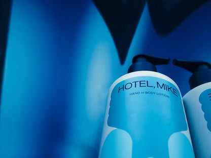 Hotel, Mike hand and body lotion in a sustainable aluminium bottle with a pump dispenser