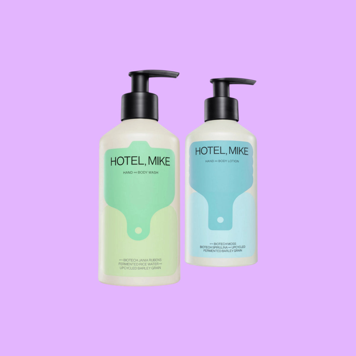 Hotel, Mike's hand and body wash and lotion duo in sustainable aluminium pump bottles with minimalist labels, shown from a different angle.