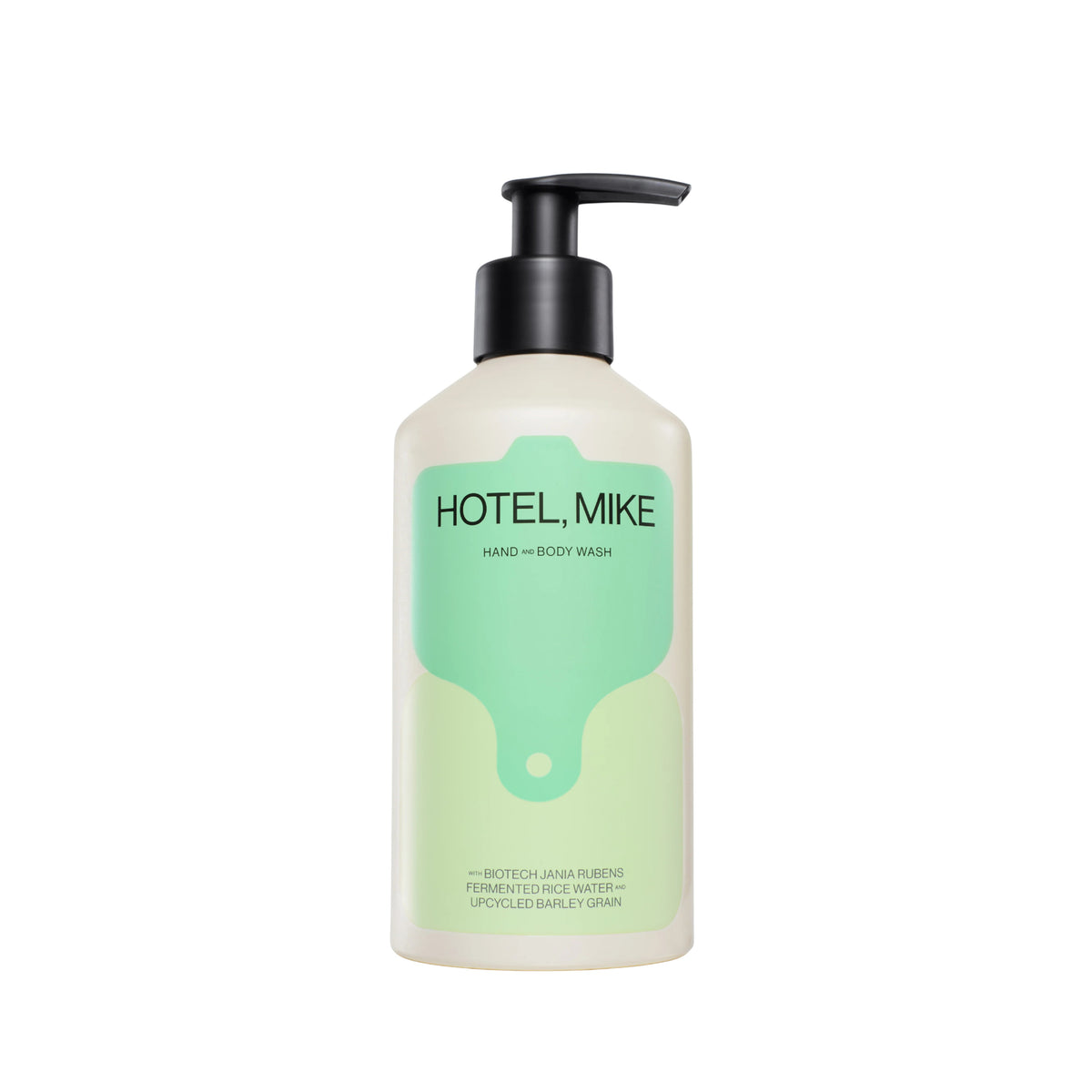 Hotel, Mike's sulfate-free hand and body wash in a sustainable aluminium bottle with a black pump dispenser.