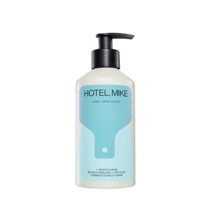 Hotel, Mike's hand and body lotion in a sustainable aluminium bottle with a black pump dispenser