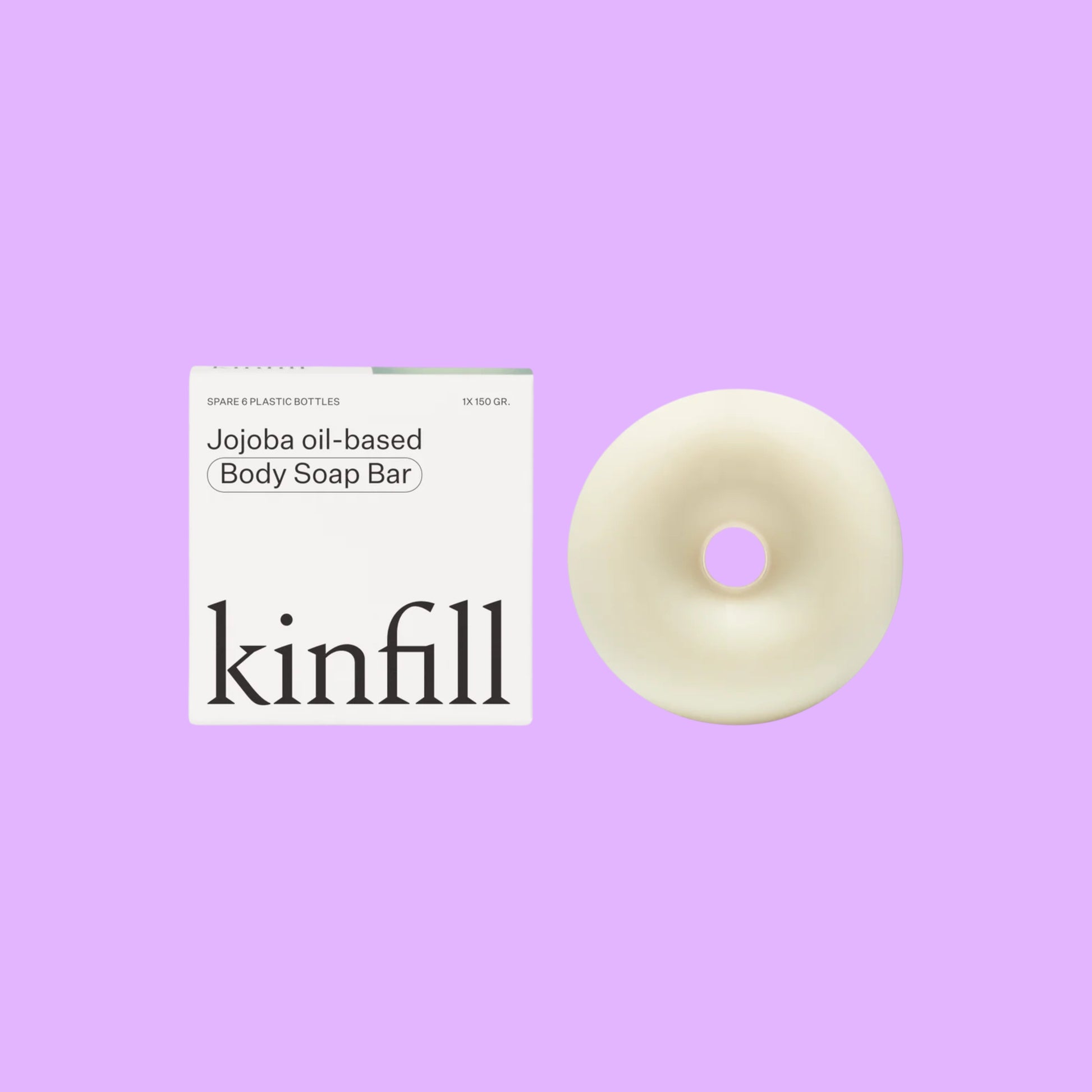 Kinfill Velvet Verveine body soap bar with its white minimalist packaging on a light beige background, 9cd9 456d b7bb.