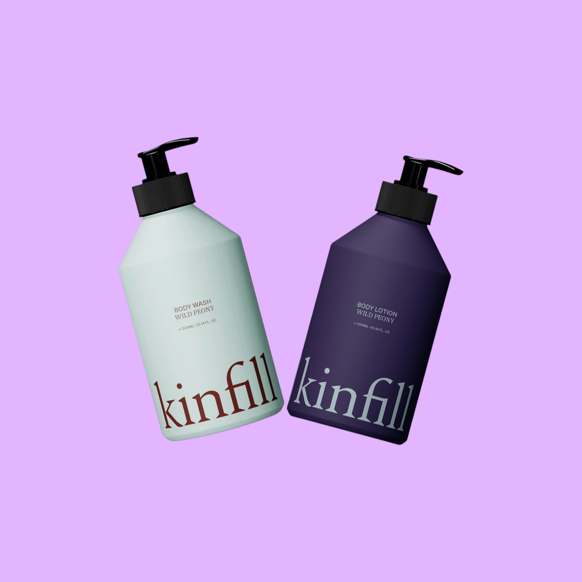 Kinfill body wash and lotion duo in refillable pump bottles with Wild Peony scent for sensitive skin (view 2).