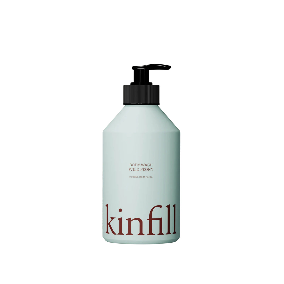 Kinfill refillable body wash bottle in pale green with a black pump dispenser and minimalist branding