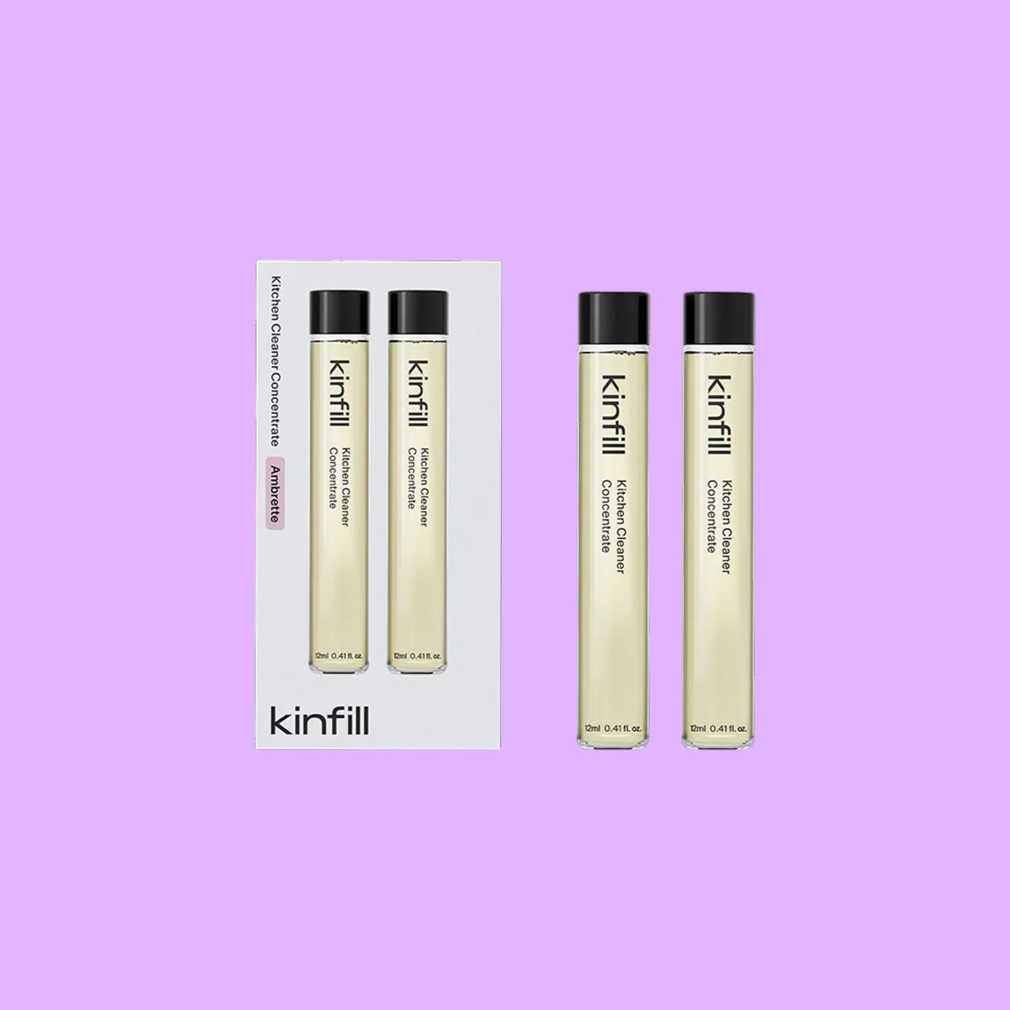 Kinfill kitchen cleaner refill vials in Ambrette scent, featuring two concentrated solution glass tubes (view 2).