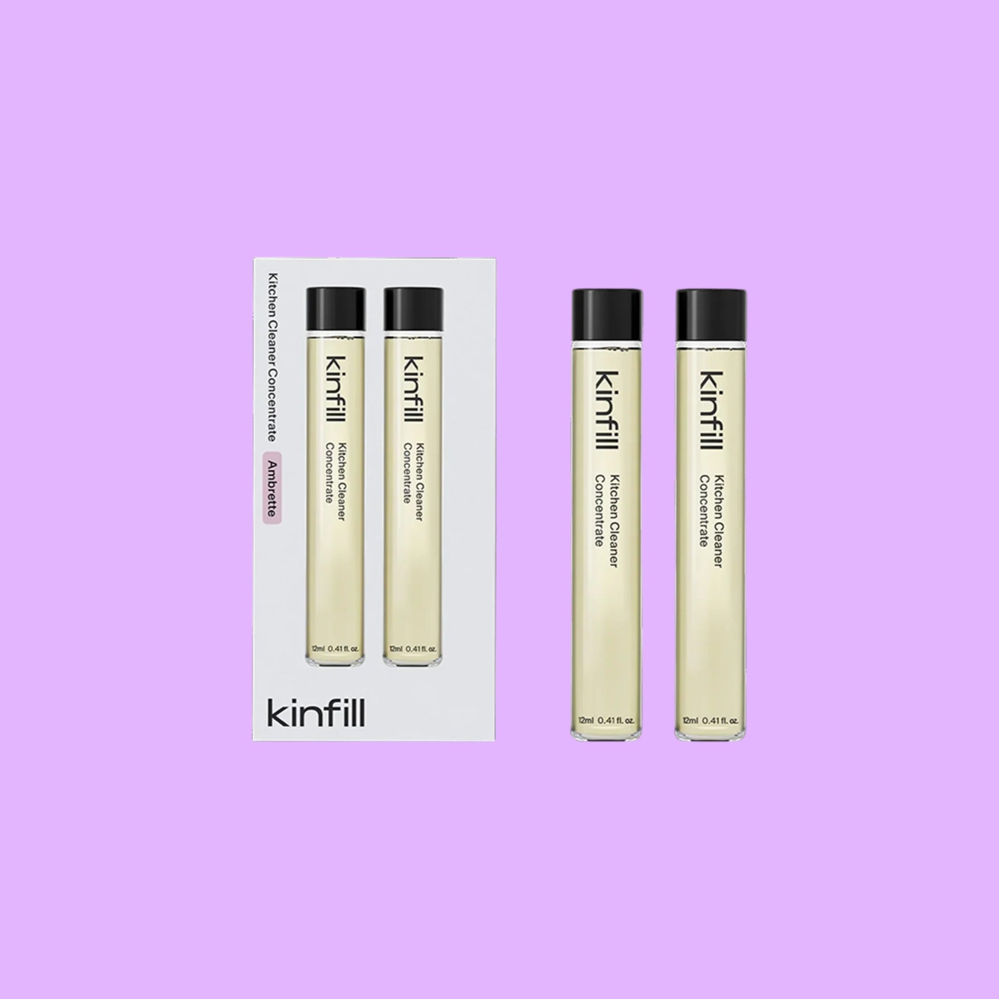 Kinfill kitchen cleaner refill vials in Ambrette scent, featuring two concentrated solution glass tubes (view 2).