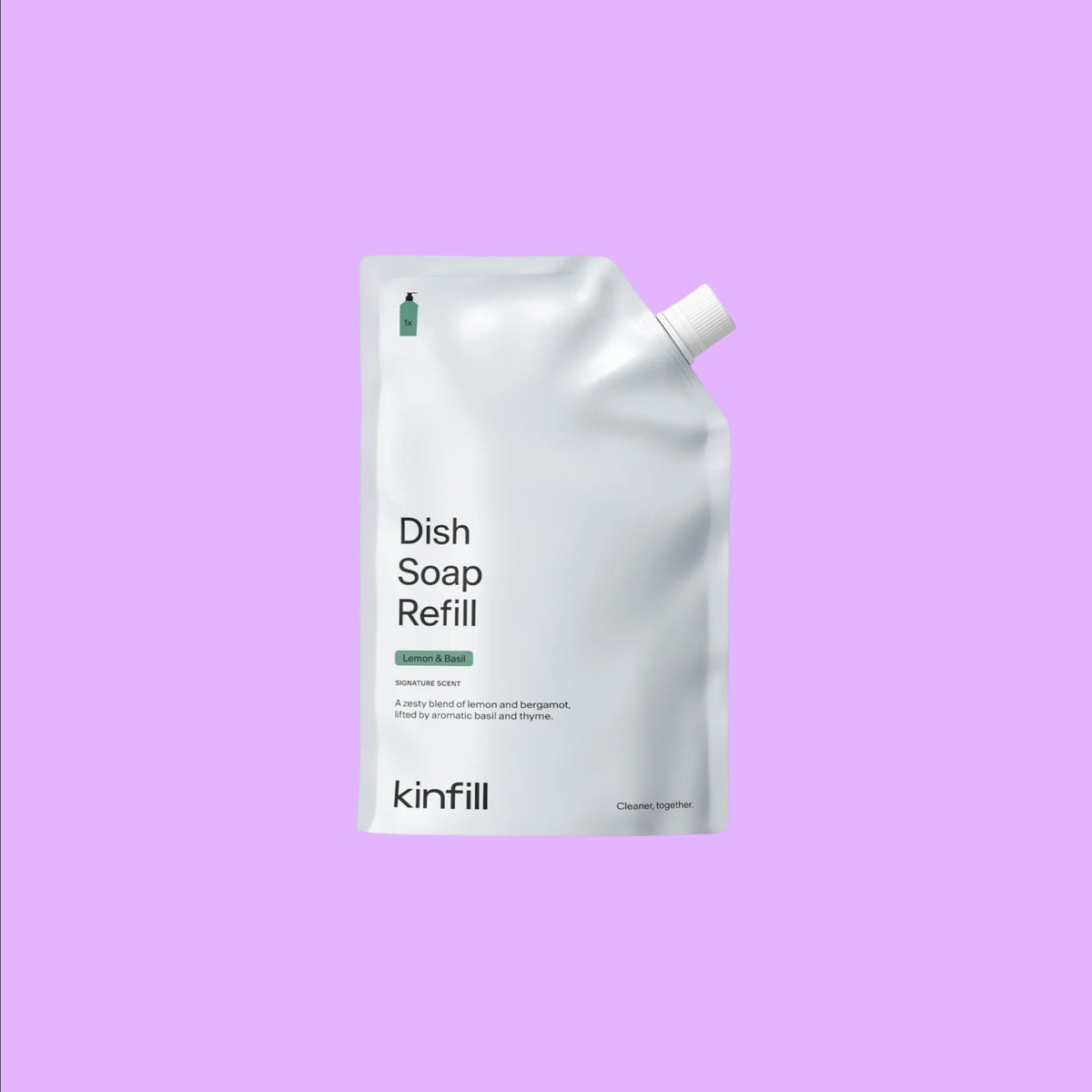 Kinfill 500ml lemon and basil dish soap refill pouch in white packaging