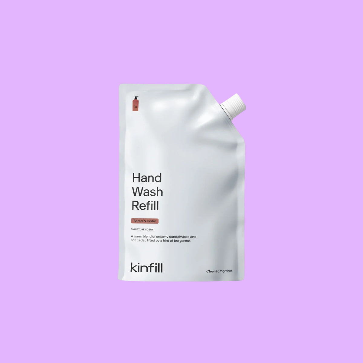 Kinfill Santal & Cedar hand wash refill pouch in white, 500ml sustainable biodegradable liquid soap packaging