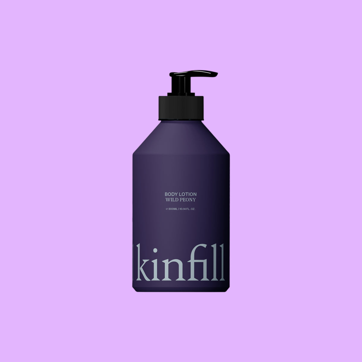 Kinfill Wild Peony body lotion in a dark purple refillable bottle with a black pump dispenser, shown from a different angle.