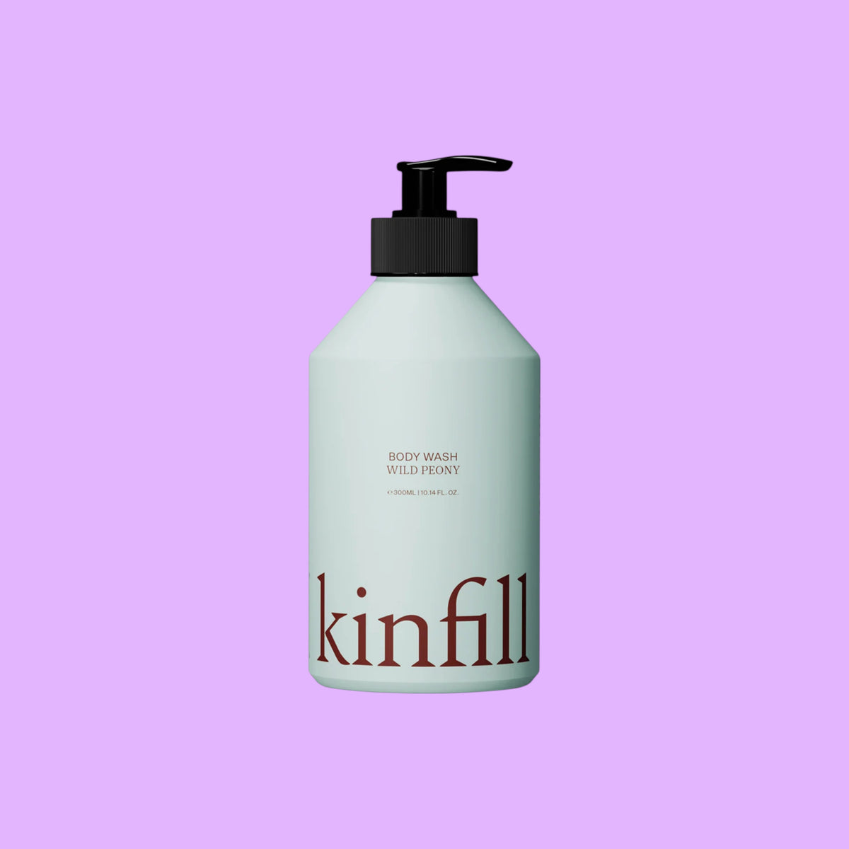 Kinfill Wild Peony body wash in a refillable light blue aluminium bottle with a black pump dispenser, shown from a different angle.