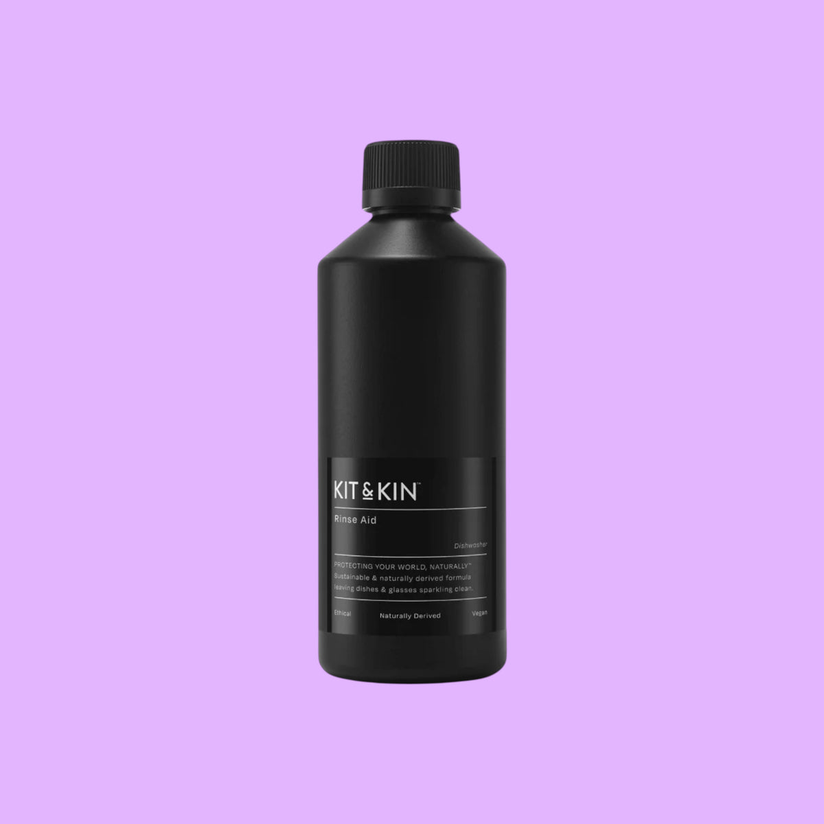Kit & Kin plant-based dishwasher rinse aid in a black bottle with minimalist label design.