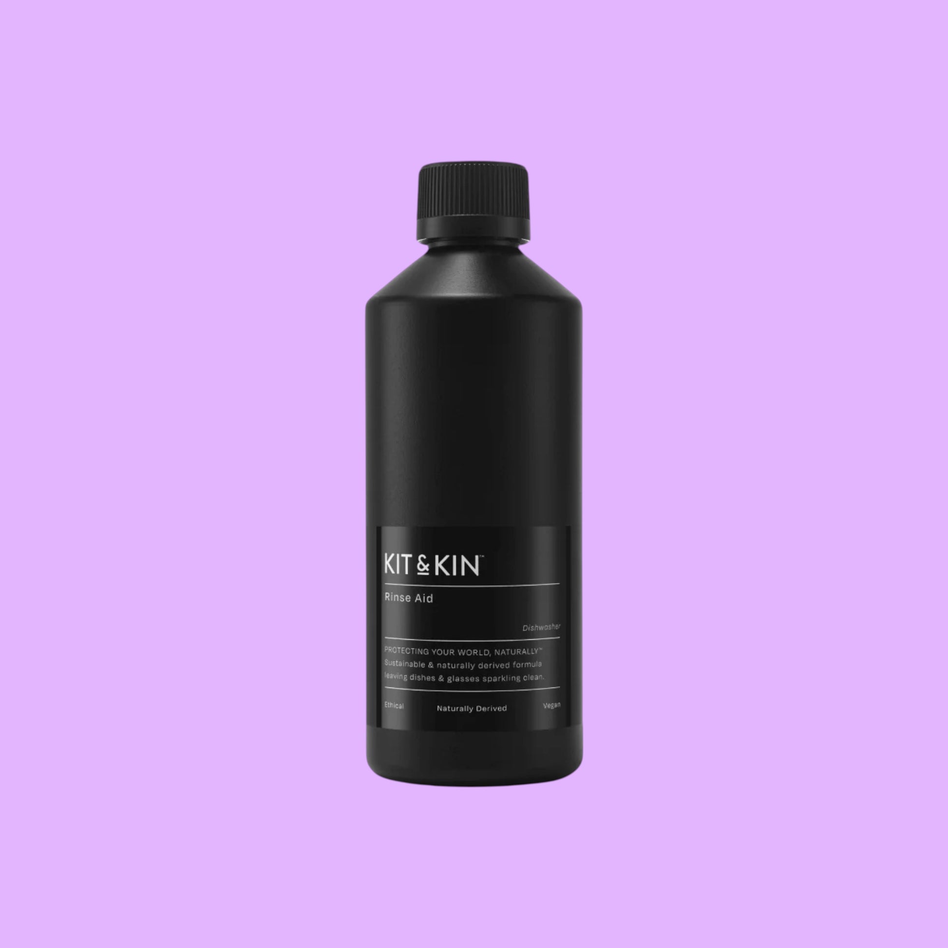 Kit & Kin plant-based dishwasher rinse aid in a black bottle with minimalist label design.