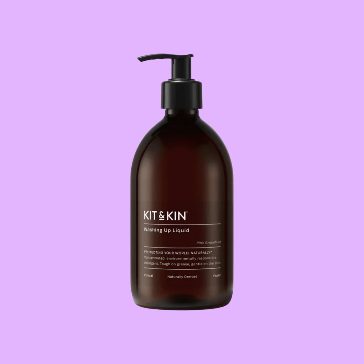 Kit & Kin plant-based grapefruit and orange dishwashing liquid in a brown refillable pump bottle.
