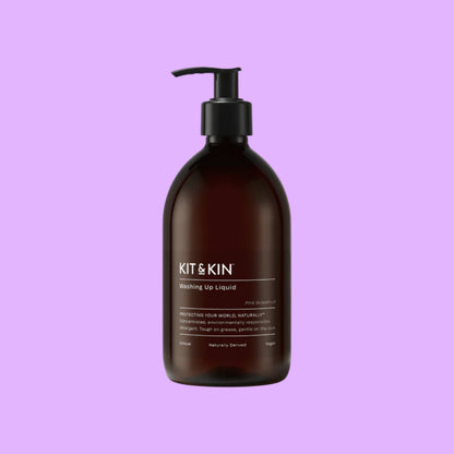 Kit & Kin plant-based grapefruit and orange dishwashing liquid in a brown refillable pump bottle.